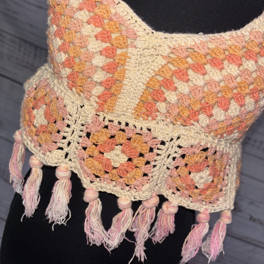 Crochet Fringe Crop Top - Boho Granny Square Festival Knit B-O-G Colllection L - Picture 2 of 5